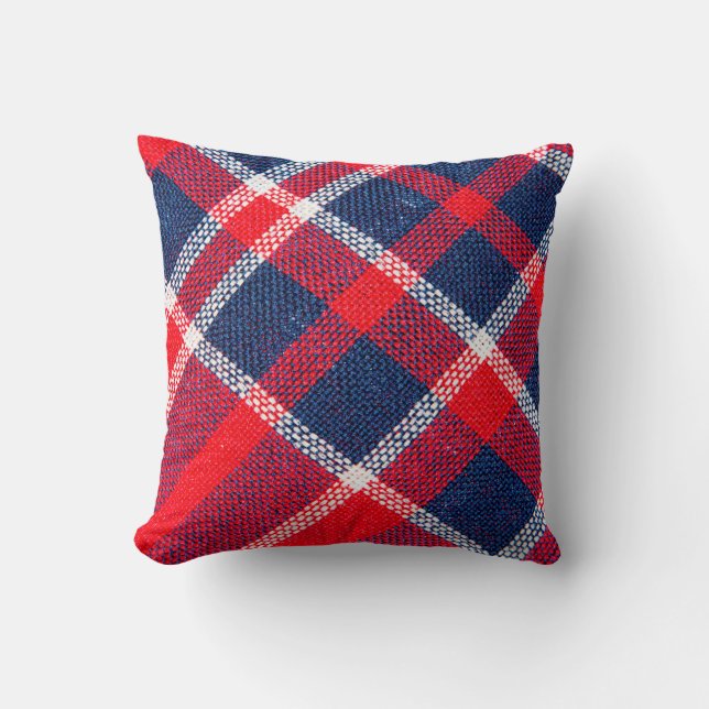 Texture of red and blue a chequered woollen fabric cushion (Front)