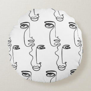 Texture with abstract faces. One continuous line p Round Cushion