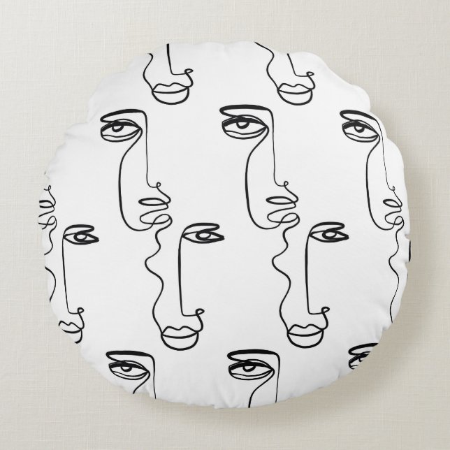 Texture with abstract faces. One continuous line p Round Cushion (Front)