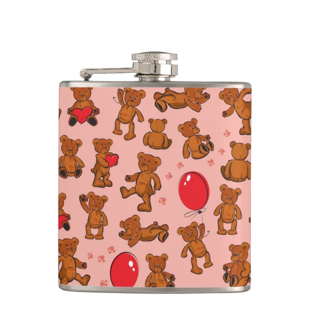 Texture With Teddy Bears, Hearts Hip Flask (Front)