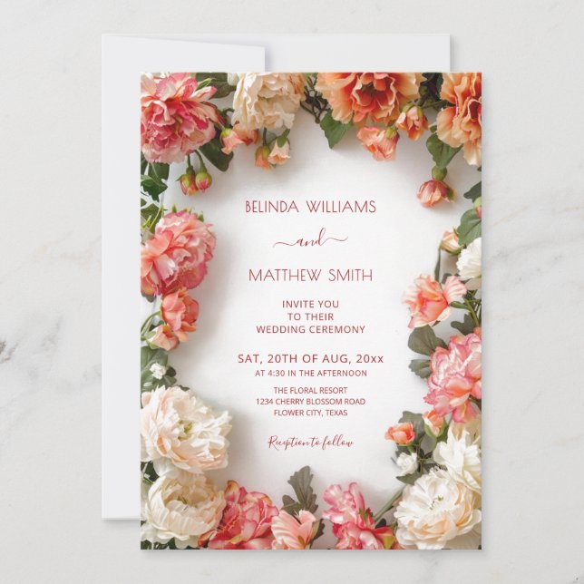 Textured 3D Floral Wreath Wedding Invitation (Front)