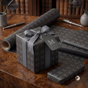 Textured Black Faux Leather Monogram Pattern Wrapping Paper