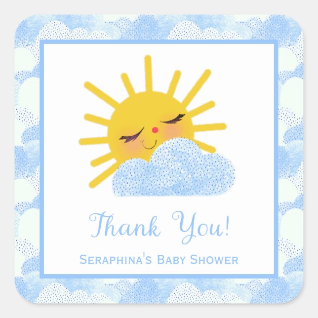 Textured Blue Clouds & Sun Baby Shower Thank You Square Sticker (Front)