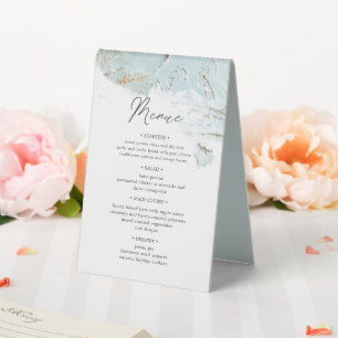 textured blue gold table number and wedding menu