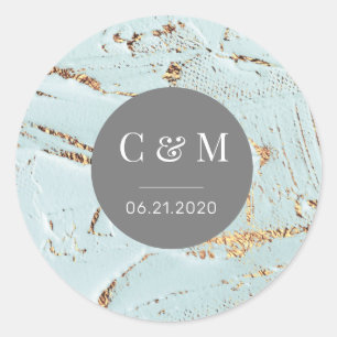 textured blue gold wedding monogram classic round sticker