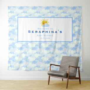 Textured Blue & White Clouds Baby Shower Backdrop Tapestry