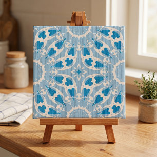 Textured Blue White Stylised Symmetrical Floral Tile