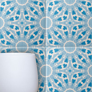 Textured Blue White Stylized Symmetrical Floral Tile