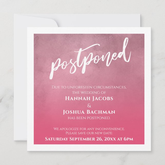 Textured Bold Pink Ombre Postponed Wedding Card (Front)