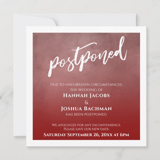 Textured Bold Red Ombre Postponed Wedding Card (Front)