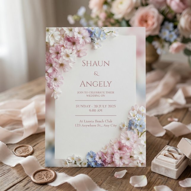 Textured Canvas Pink Blue Sakura Frame Wedding Invitation (Creator Uploaded)