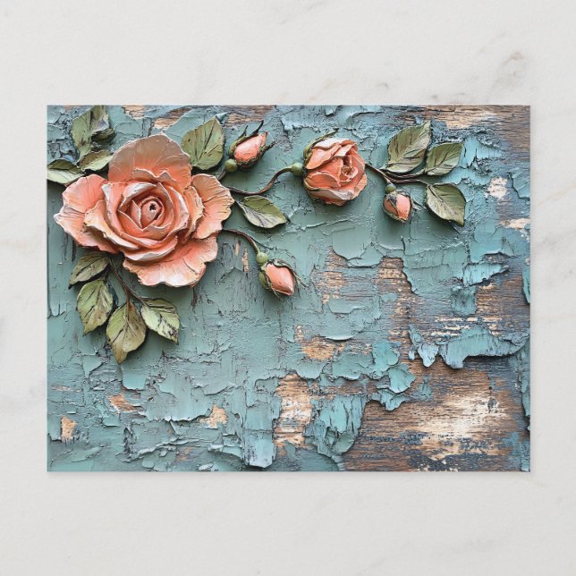 Textured Coral Roses on Distressed Teal Wood Postcard (Front)