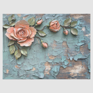 Textured Coral Roses on Distressed Teal Wood Tissue Paper