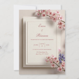 Textured Cream Pink Sakura Botanical Frame Wedding Invitation