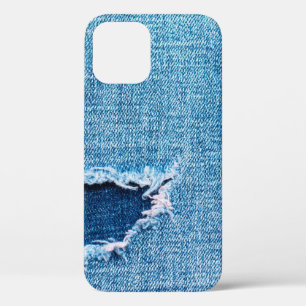 Textured denim background. Torn hole in the fabric iPhone 12 Case