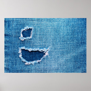 Textured denim background. Torn hole in the fabric Poster