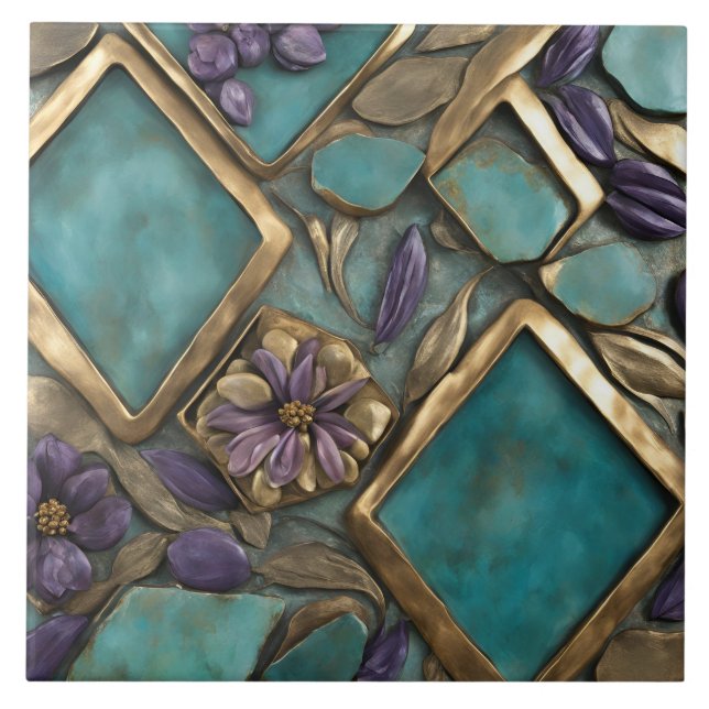 Textured Floral Artwork in Turquoise and Gold Tile (Front)
