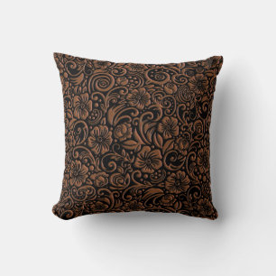 Textured Floral Pattern Dark Rust Throw Pillow