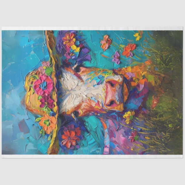 Textured Floral Whimsical Cow Painting Decouapge Tissue Paper (Front)