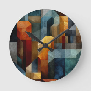 Textured Geometric Abstract Blue Orange Luxury Art Round Clock
