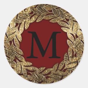Textured Gold Flora Wreath Design Monogram Initial Classic Round Sticker