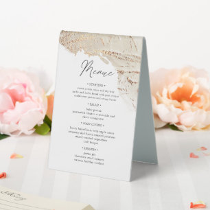 textured gold table number and wedding menu