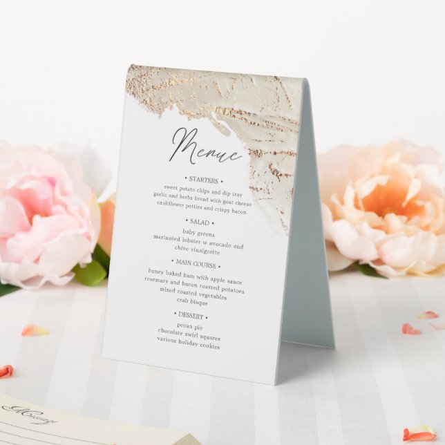 textured gold table number and wedding menu (In SItu (Wedding))