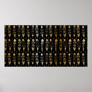 Textured golden feathers in tribal style. Seamless Poster