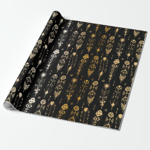 Textured golden feathers in tribal style. Seamless Wrapping Paper