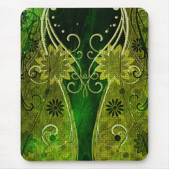 Textured Golden & Green Floral Swirls Mouse Mat (Front)