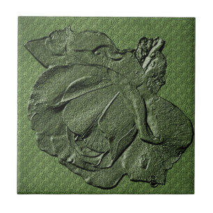 Textured Green Rose Floral Art Tile