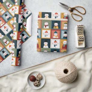 Textured Grid of Festive Snowmen Wrapping Paper
