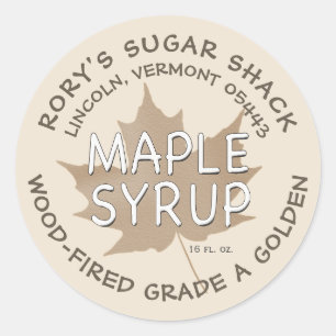 Textured Kraft Maple Leaf on Sandstone Maple Syrup Classic Round Sticker