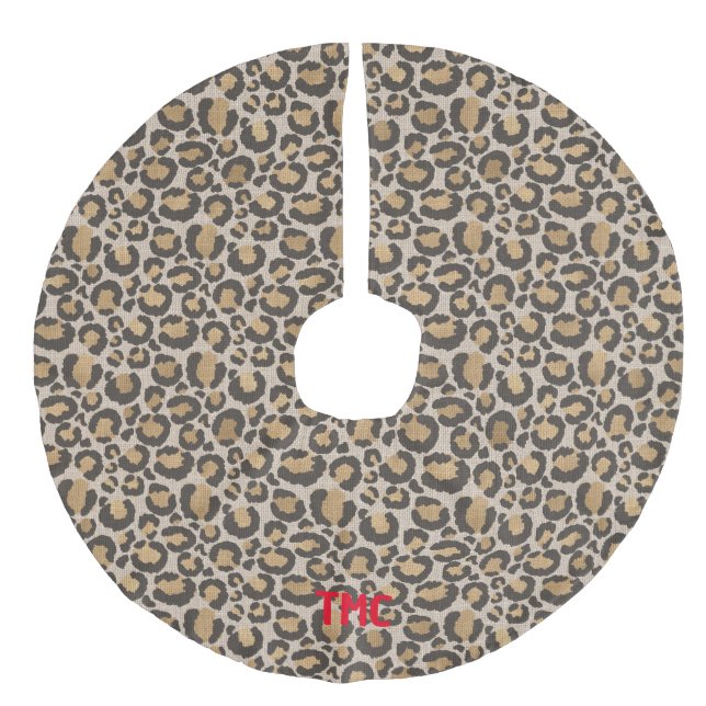 Textured Leopard Print Red INITIALS Chic Christmas Faux Linen Tree Skirt (Front)