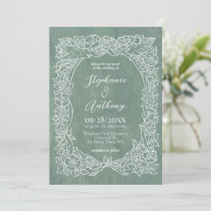 Textured Light Sage Green Wildflower Bird Wedding Invitation