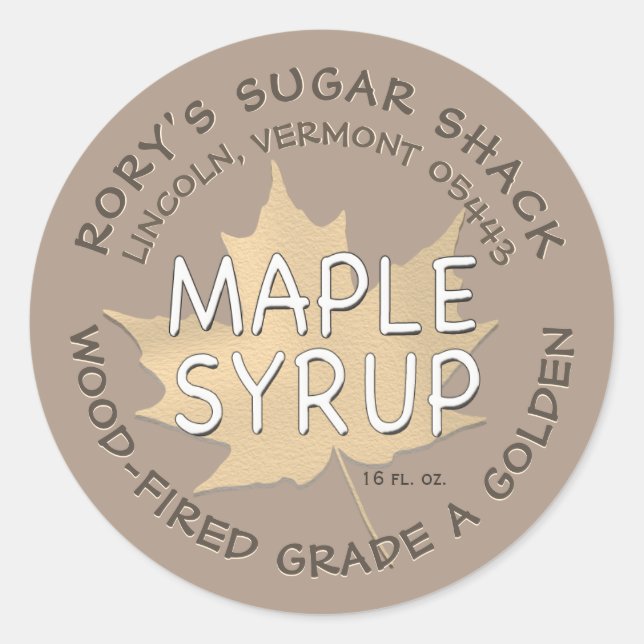 Textured Maple Leaf on Brown Maple Syrup Label (Front)