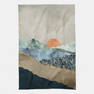 Textured Mountain Layers with Sunset Glow Tea Towel