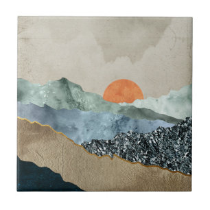Textured Mountain Layers with Sunset Glow Tile