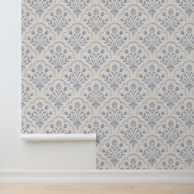 Textured Muted Blue Floral Scallop Pattern Wallpaper (Application)