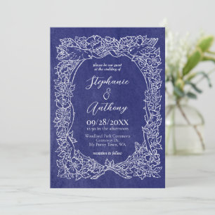 Textured Navy Blue White Wildflower Bird Wedding Invitation