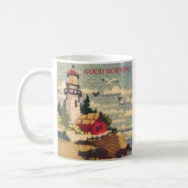 TEXTURED NEEDLEPOINT LIGHTHOUSE PEACEFUL SEASCAPE  COFFEE MUG (Left)