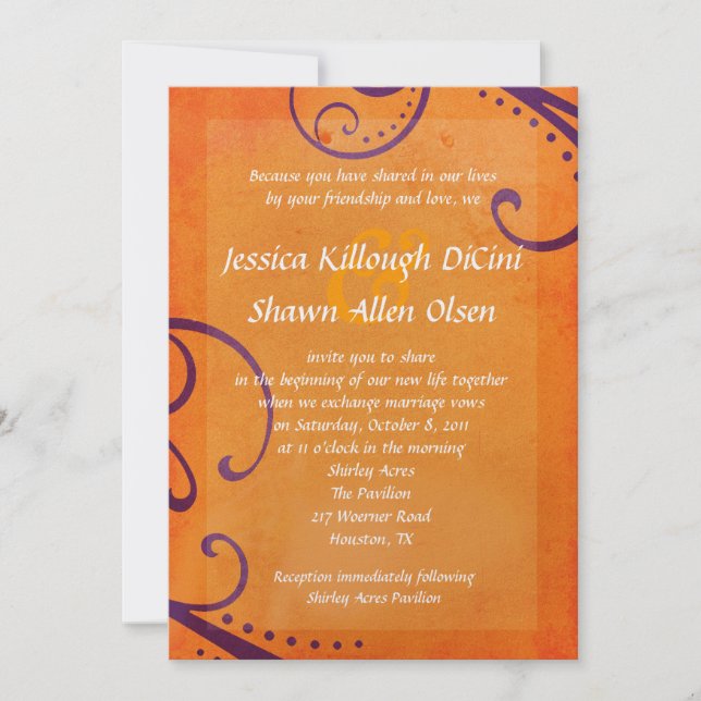 Textured Orange with Plum Swirls Wedding Invite (Front)