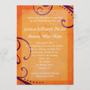 Textured Orange with Plum Swirls Wedding Invite