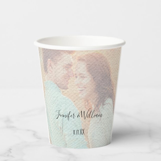 Textured Overlay Faded Photo Personalised Wedding Paper Cups (Front)