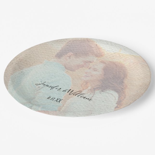 Textured Overlay Faded Photo Personalised Wedding Paper Plate (Angled)