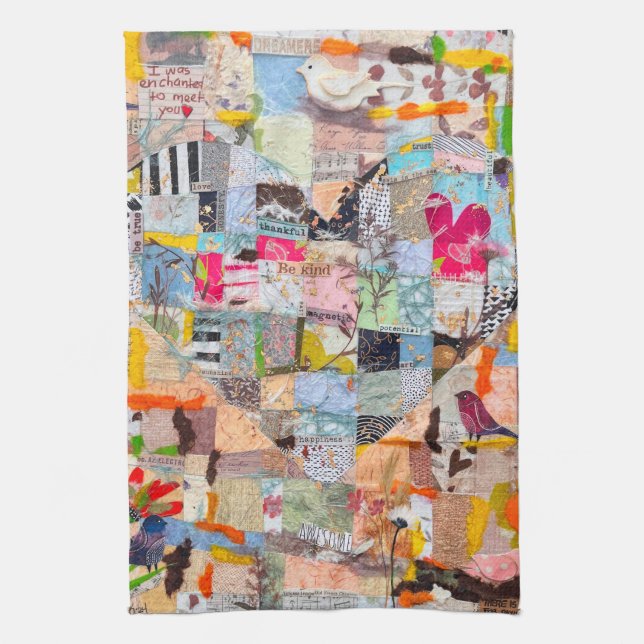 Textured Paper Heart Collage Kitchen Towel (Vertical)