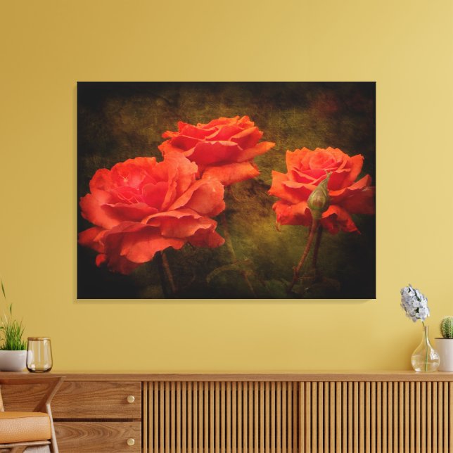 Textured Peach Coloured Roses Canvas Print (Insitu(LivingRoom))