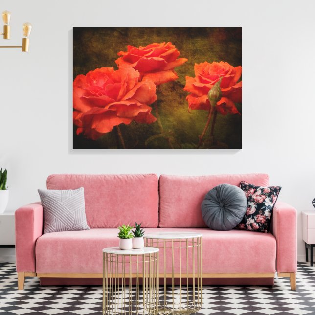 Textured Peach Roses Stretch Canvas Print (Insitu(LivingRoom))