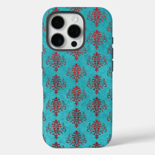 Textured Red Damask on Teal Pattern iPhone 16 Pro Case