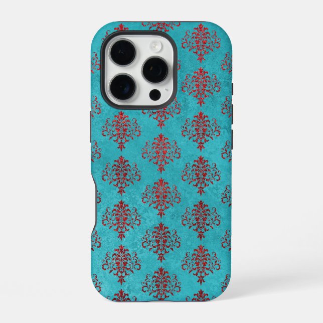 Textured Red Damask on Teal Pattern iPhone Case (Back)